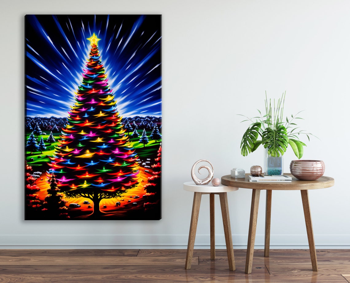 Vibrant Rainbow Lit Christmas Tree Night Sky Snowy Village Art Poster - Image 2