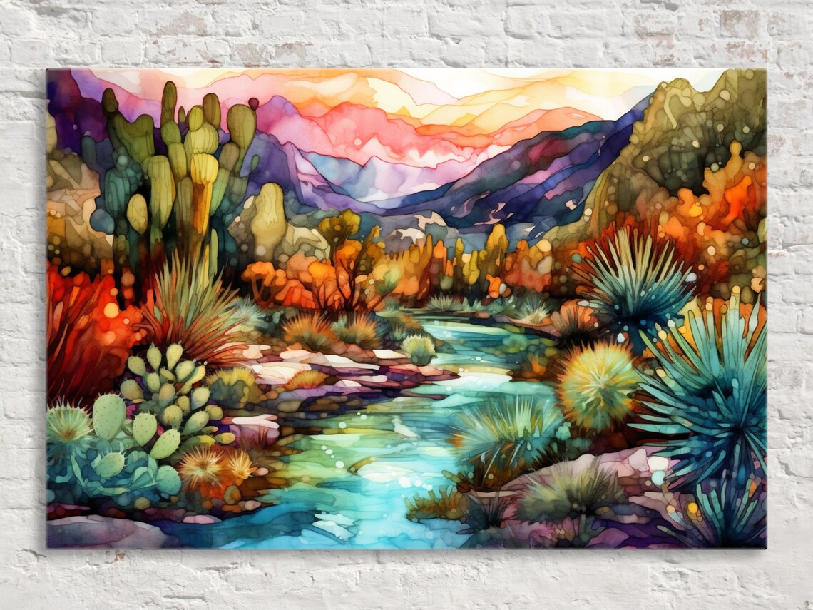 Painted Desert River Southwest Art Print, Cactus Beauty