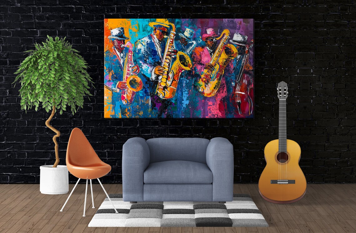 Vibrant Saxophone Jazz Band Five Musicians Suits Hats Colorful Art Poster - Image 3