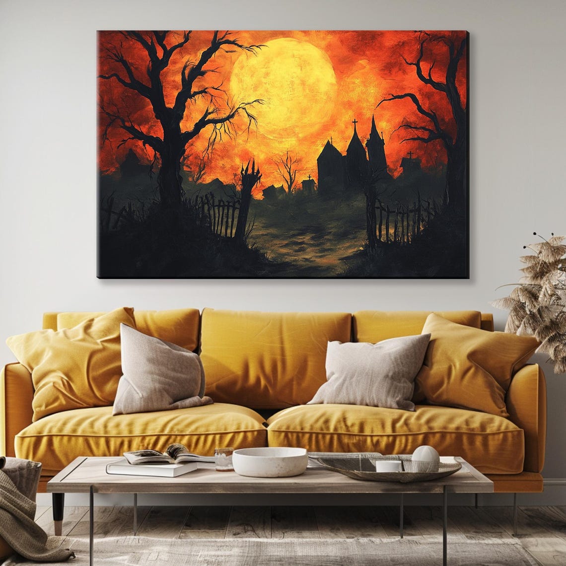 Eerie Halloween Haunted House Sunset Orange Sky Bats Spooky Wall Art - Image 4