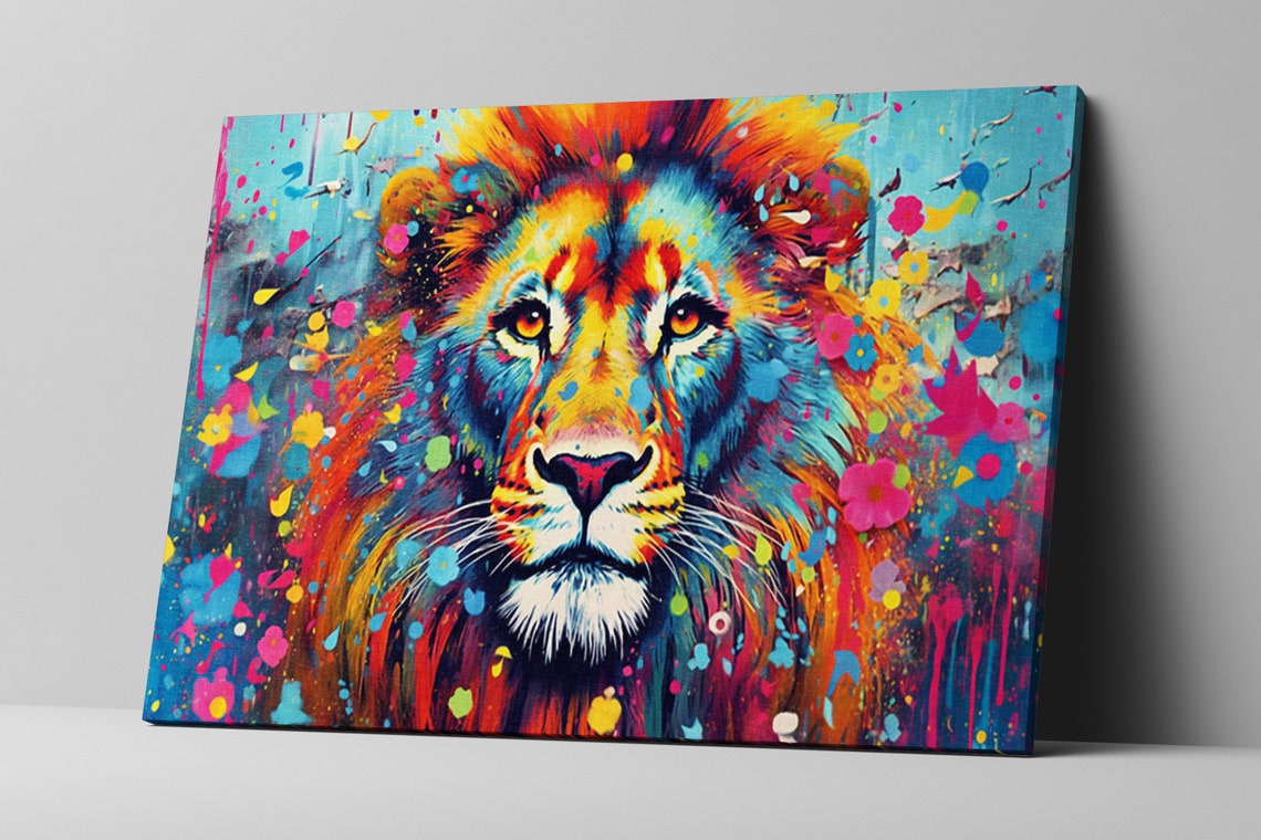 Majestic Colorful Lion Portrait Rainbow Mane Floral Pop Art Poster - Image 5