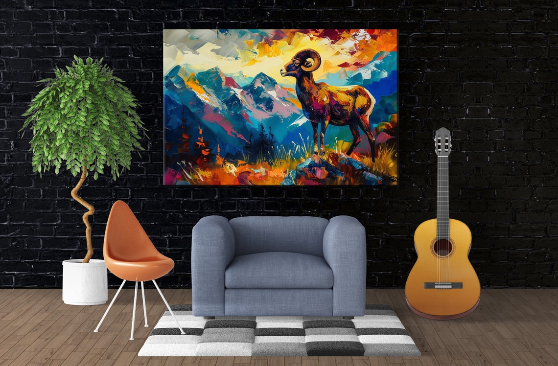 Bighorn Sheep Rocky Peak Sunset Gazing Impressionist Wildlife Poster - Image 3