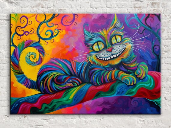 Colorful Cheshire Cat Lounging Swirling Wonderland Branch Fantasy Art Poster