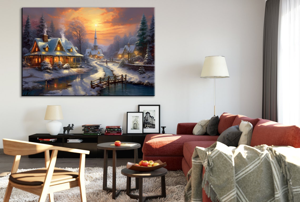 Snowy Village Church Glowing Cottage Winter Sunset Cozy Painting Print - Image 3