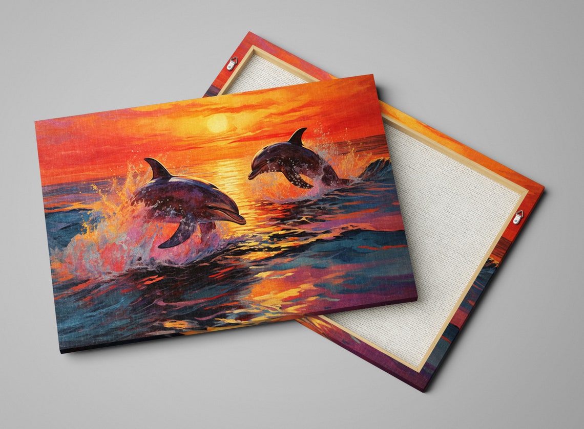Playful Twin Dolphins Splashing Golden Sunset Waves Ocean Art Poster - Image 4