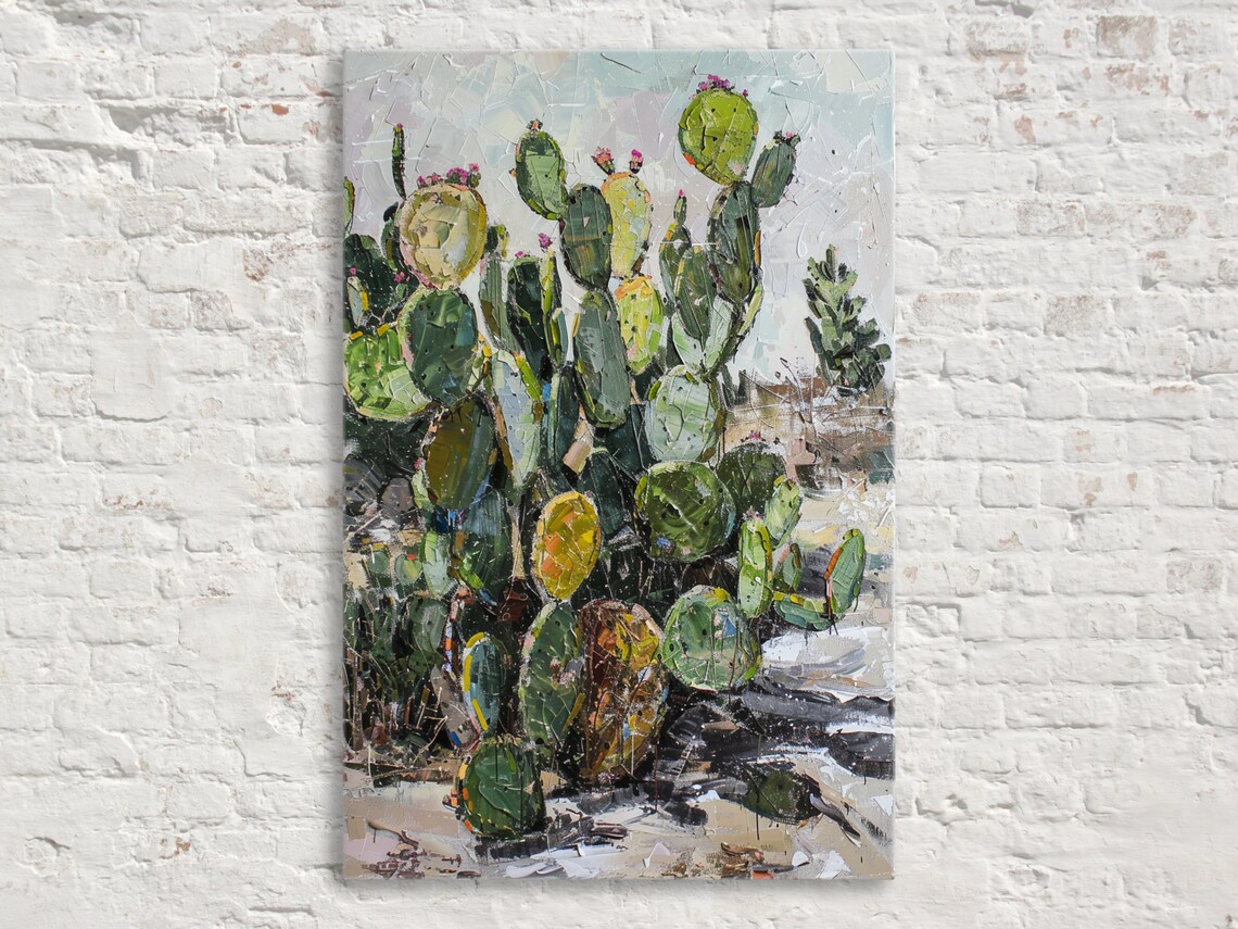 Prickly Pear Cactus Desert Garden Impasto Oil Painting Wall Art