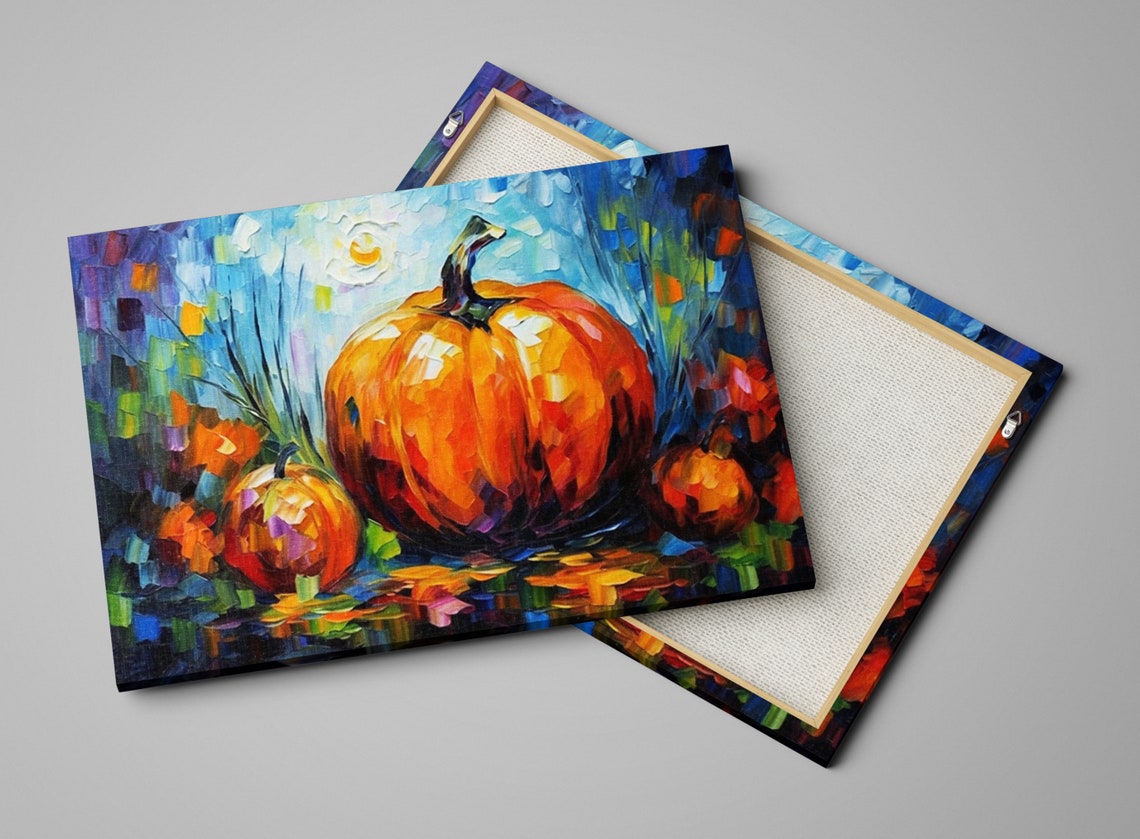 Pumpkins at Night Impasto Painting Harvest Moon Fall Art Poster - Image 4