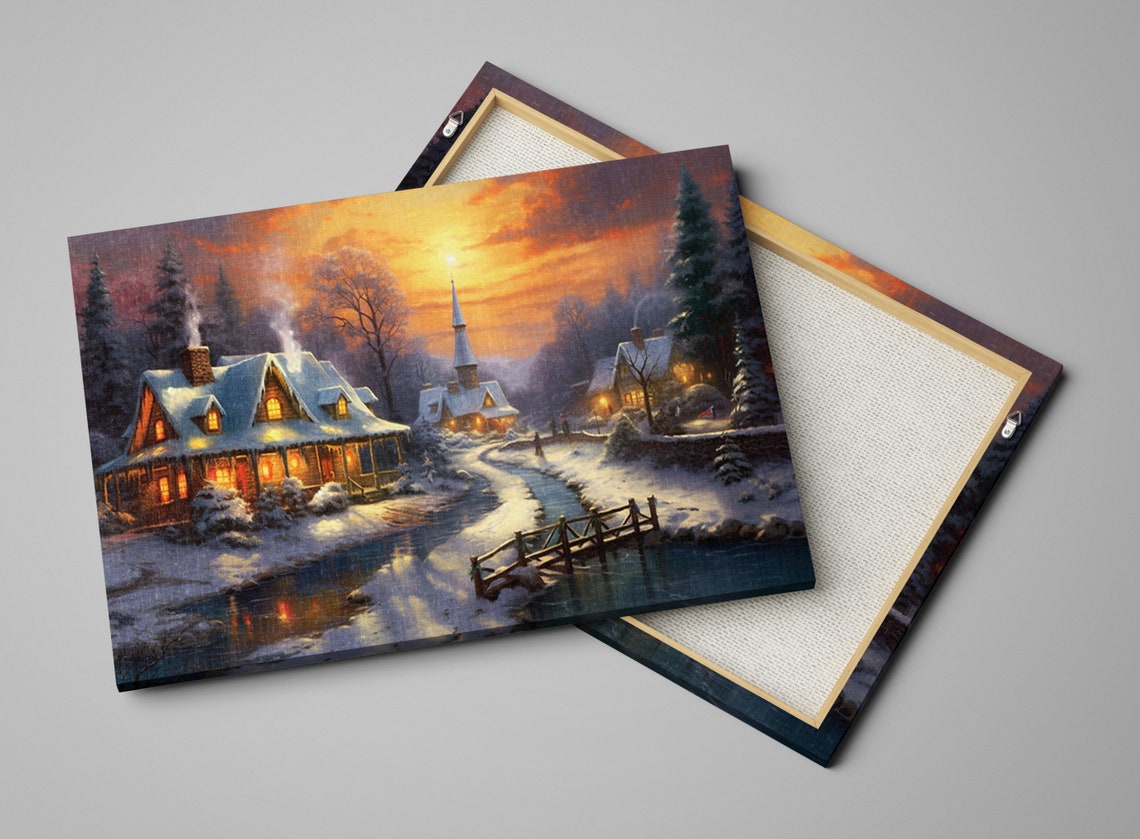 Snowy Village Church Glowing Cottage Winter Sunset Cozy Painting Print - Image 5