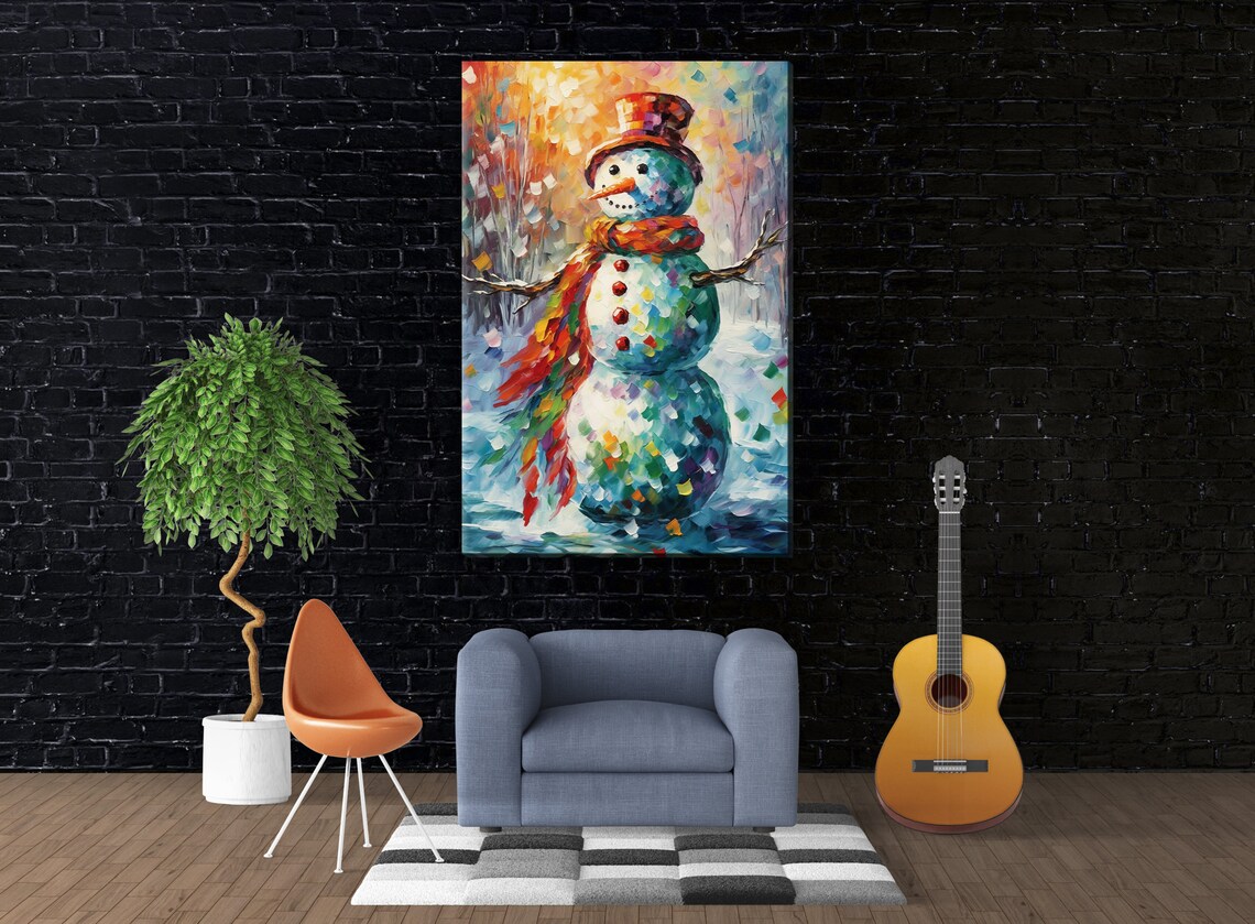 Mosaic Snowman Rainbow Scarf Sunset Glow Colorful Winter Art Print - Image 4