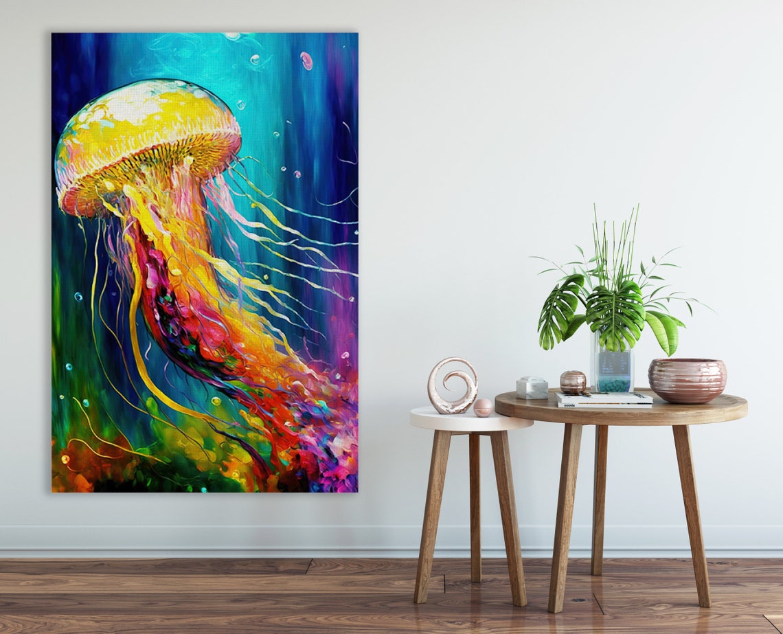 Colorful Jellyfish Glowing Tentacles Teal Ocean Dreamy Art Poster - Image 2