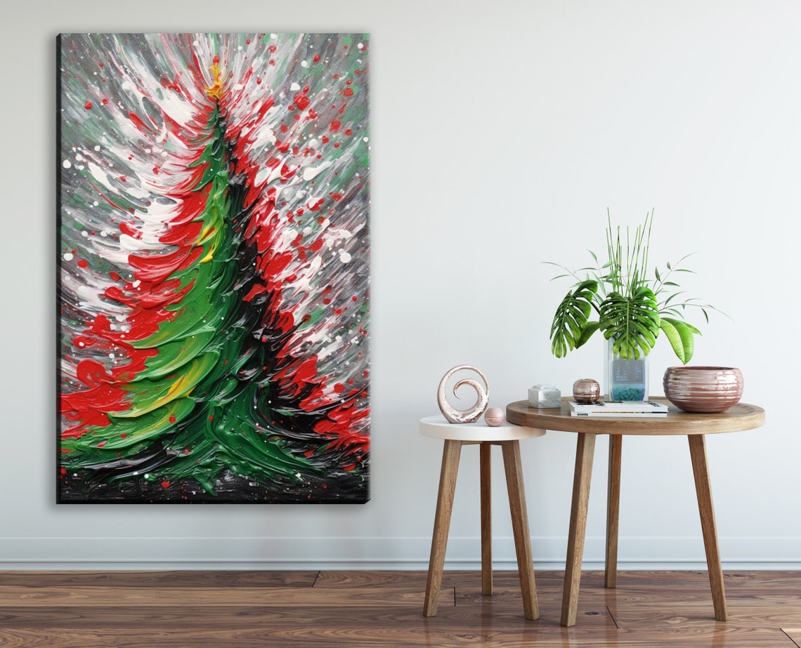 Abstract Christmas Tree Red Green White Swirl Palette Knife Art Print - Image 2