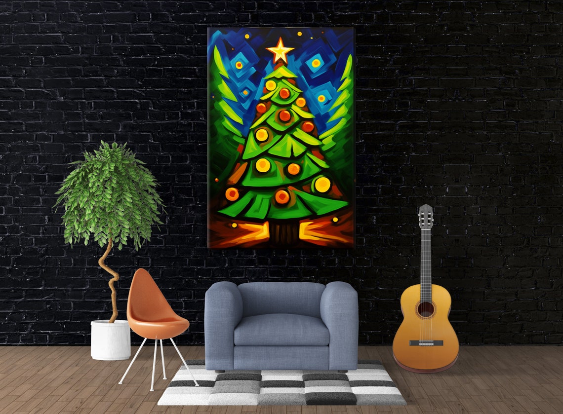 Geometric Abstract Christmas Tree Green Angles Star Topper Art Poster - Image 4