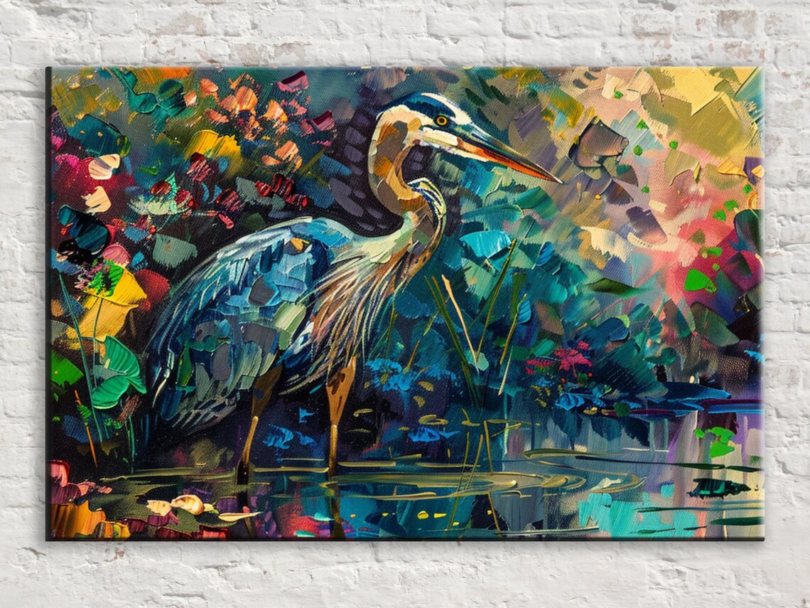 Colorful Blue Heron Vibrant Wetlands Oil Painting Impasto Art Poster