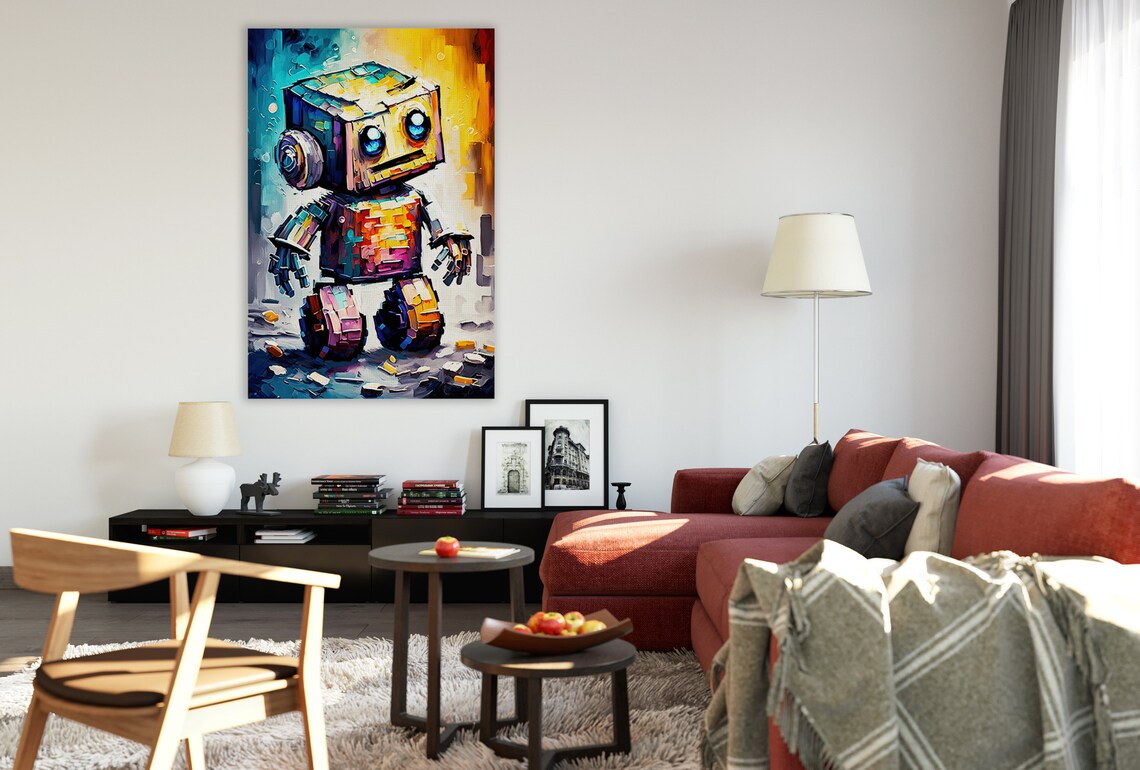 Cute Box Robot Big Blue Eyes Teal Orange Kids Room Art Poster - Image 3