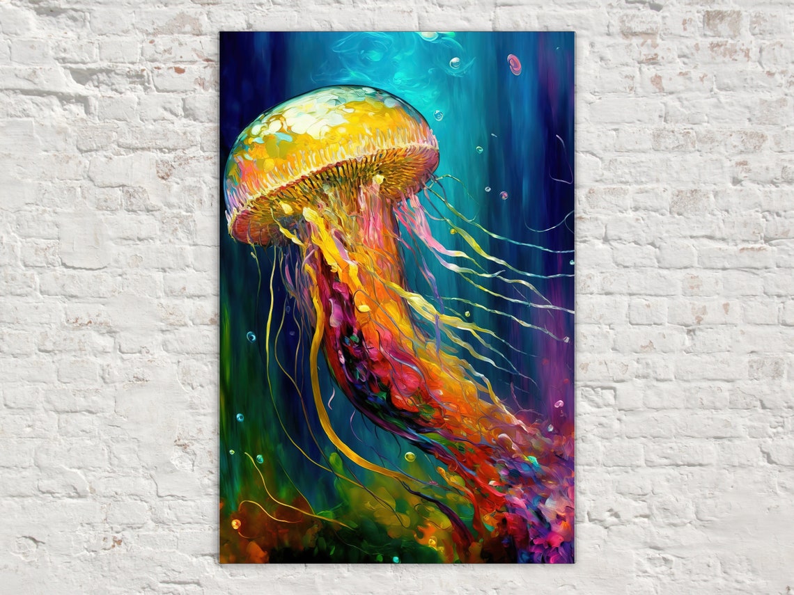 Colorful Jellyfish Glowing Tentacles Teal Ocean Dreamy Art Poster