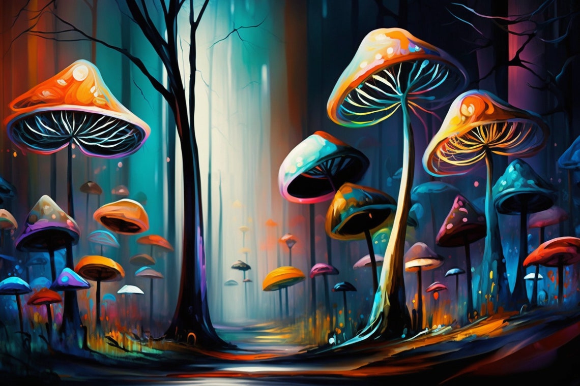 Enchanted Mushroom Forest Path Glowing Caps Magical Night Art Poster - Image 5