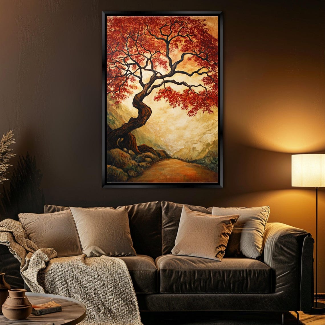 Twisted Red Maple Tree Autumn Foliage Golden Light Painting Wall Art