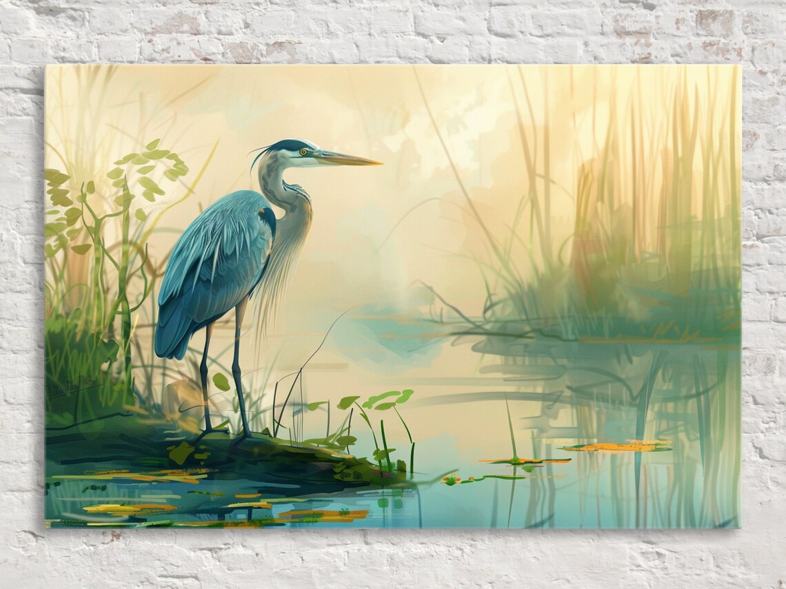 Blue Heron Misty Morning Art Print, Ethereal Bird