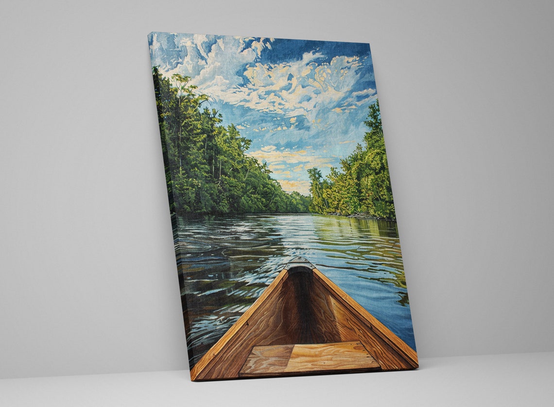 Wooden Canoe Bow Calm Forest River Blue Sky Adventure Wall Art - Image 5