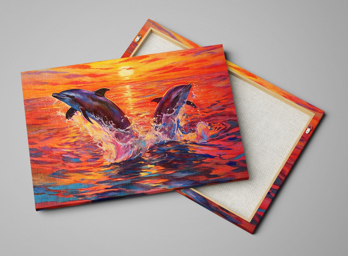 Twin Pair of Dolphins Leaping Fiery Orange Sunset Ocean Poster - Image 4