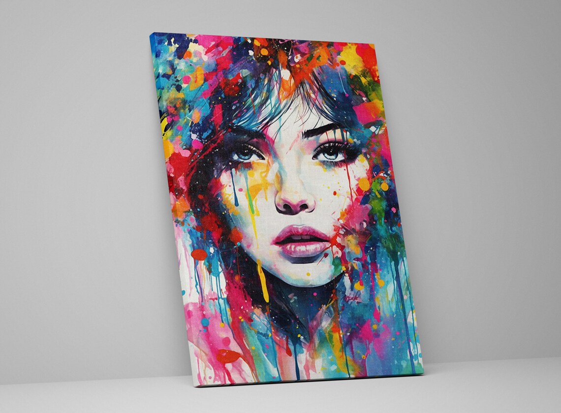 Woman Face Watercolor Portrait Colorful Paint Drips Art Poster - Image 5