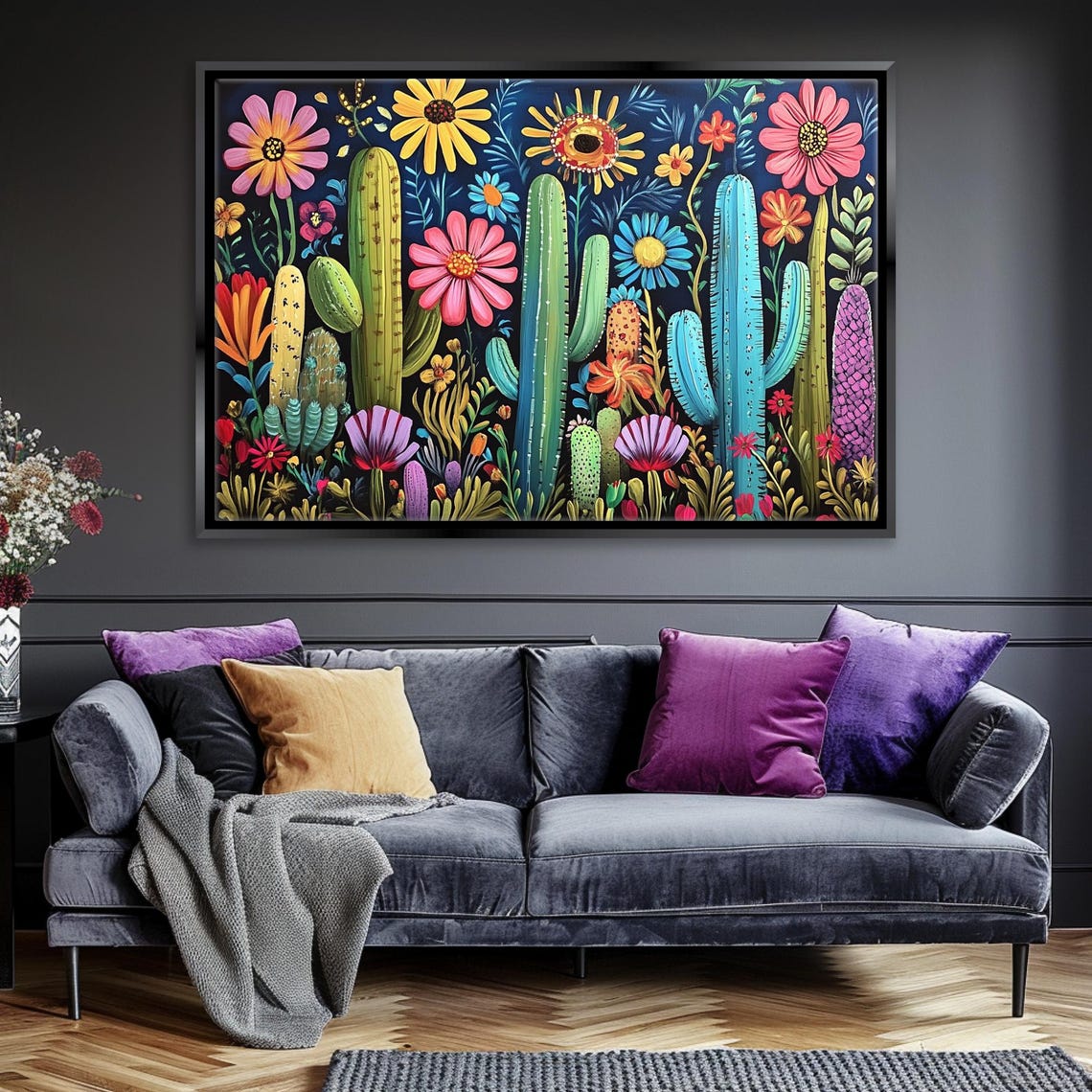 Colorful Cactus Garden With Blooms Dark Background Botanical Wall Art - Image 4