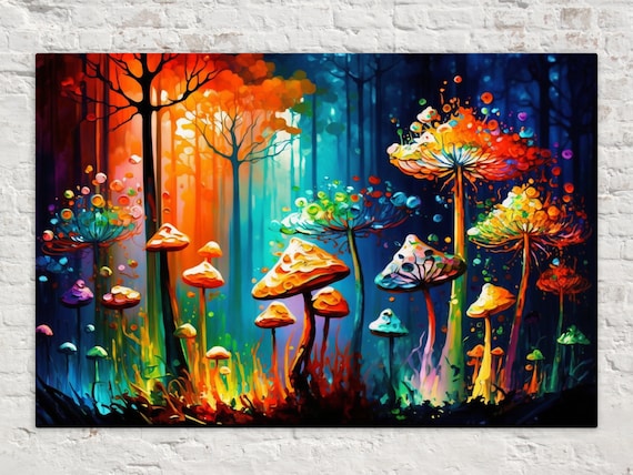 Magic Mushrooms Wall Art Psychedelic Trip Painting Glowing Shrooms Giclee Print