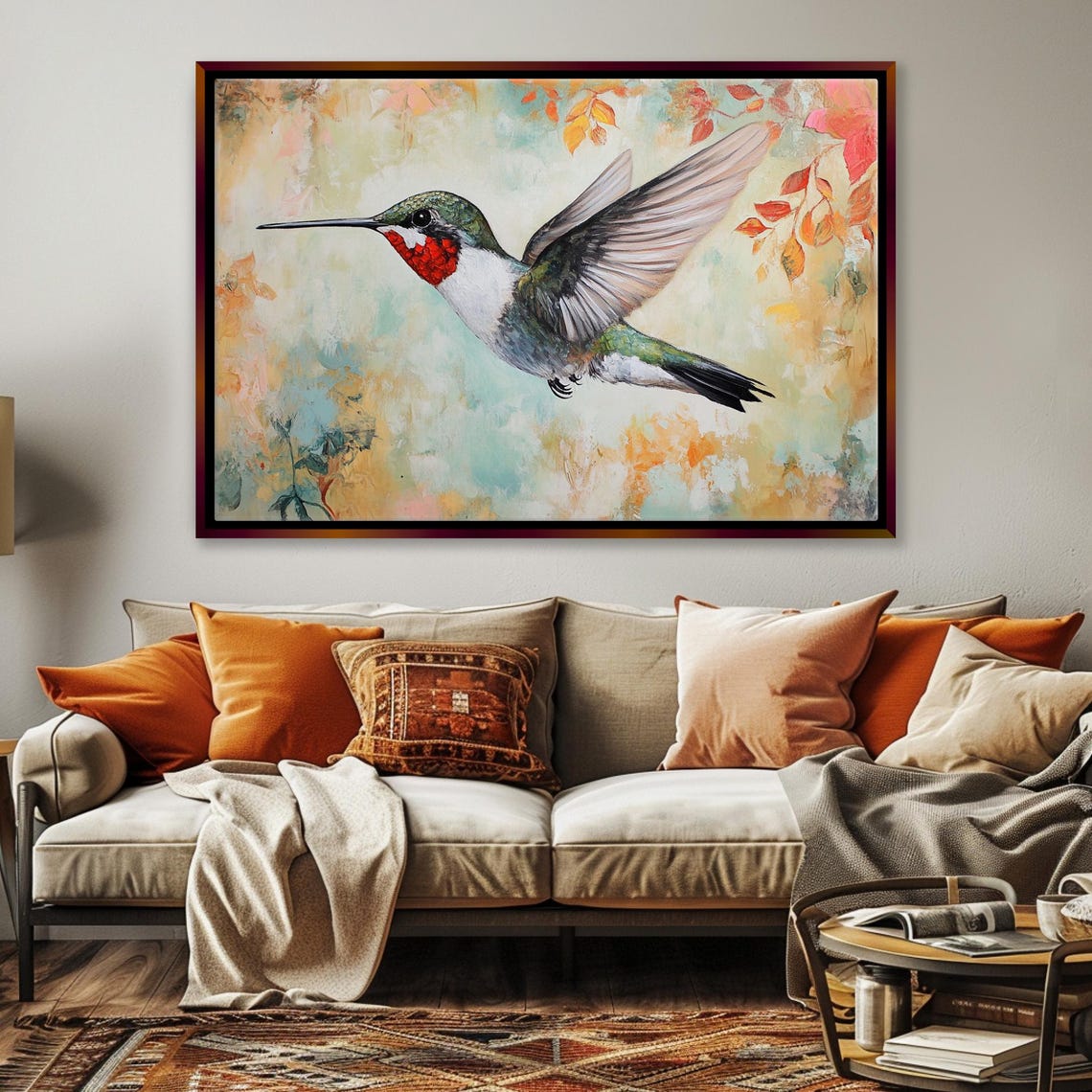 Hummingbird In Flight Watercolor Soft Floral Background Bird Wall Art - Image 5