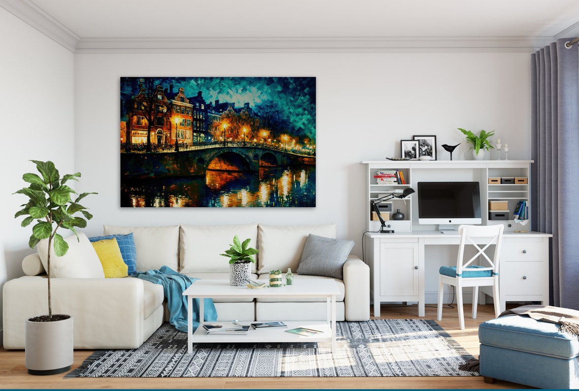 Amsterdam Canal Night Bridge Bikes Golden Lights Old Town Poster - Image 2