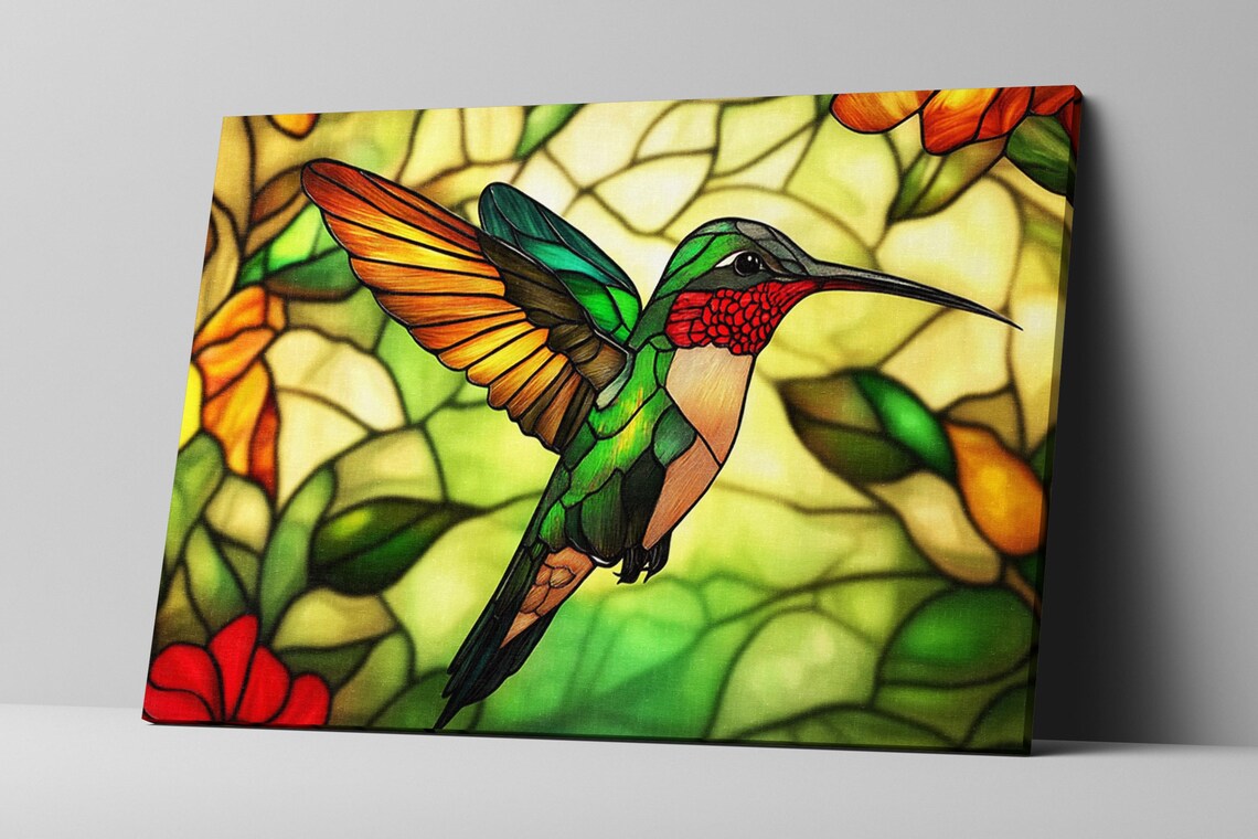 Stained Glass Style Hummingbird Flying Amber Glow Background Bird Art - Image 3