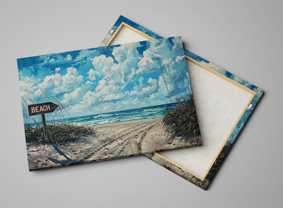 Beach Sign Sandy Path Ocean Horizon Billowing Clouds Coastal Poster - Image 4