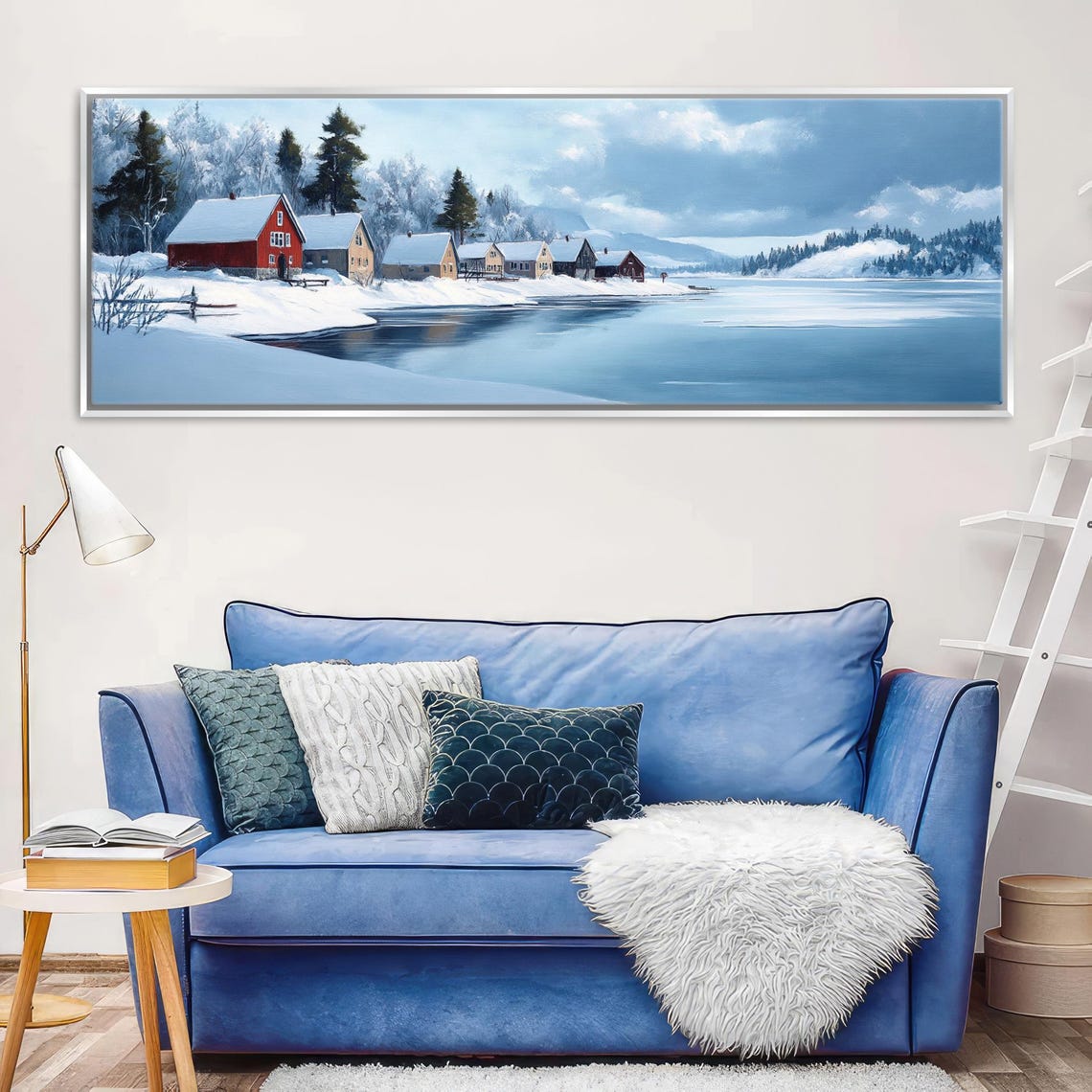 Red Boathouses On Snowy Winter Lake Calm Still Water Panoramic Poster - Image 3