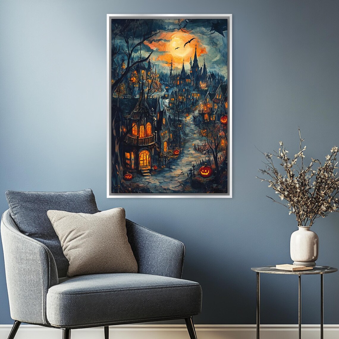Spooky Gothic Halloween Town Full Moon Jack O Lanterns Night Street Poster - Image 4