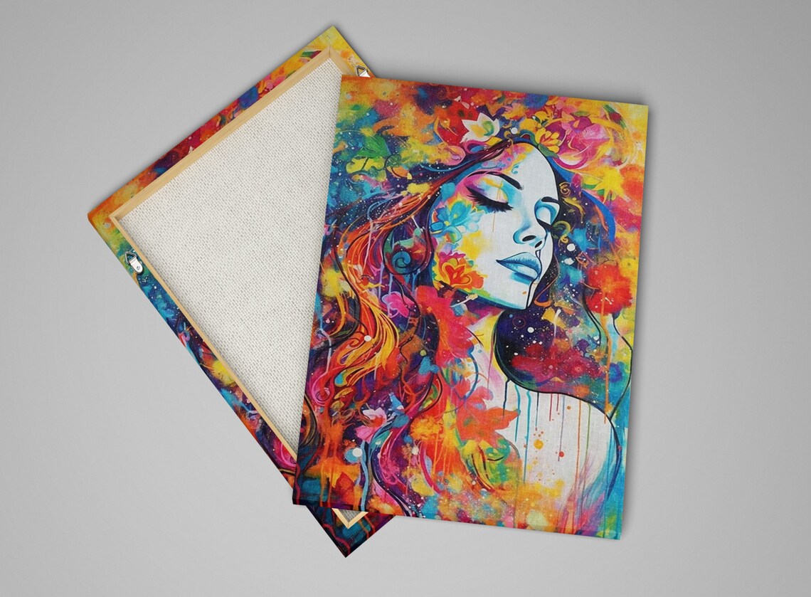 Serene Woman Face Rainbow Paint Drip Hair Floral Mixed Art Poster - Image 4