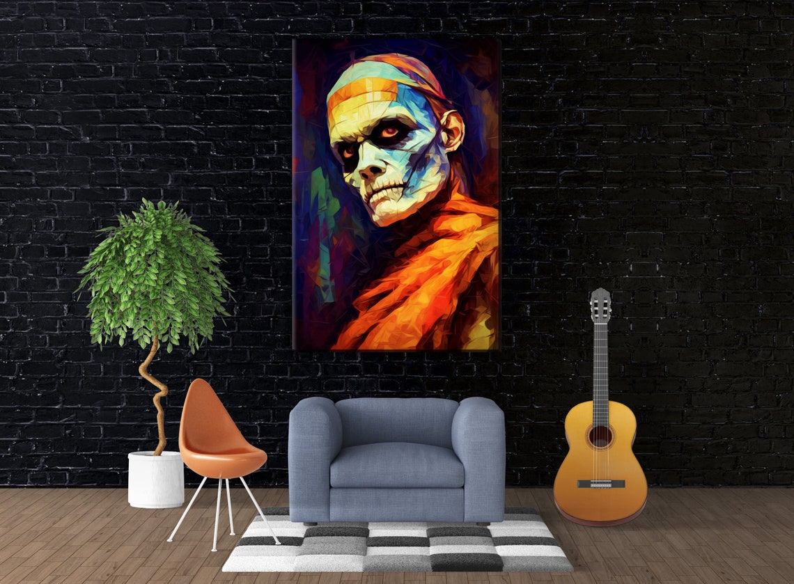 Scary Mummy Portrait Glowing Red Eyes Geometric Oil Painting Art Print - Image 3