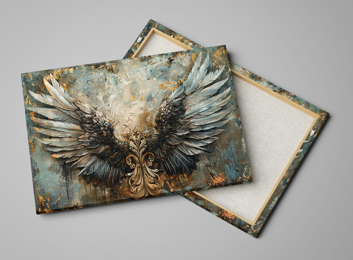 Gold and Blue Angel Wings, Ornate Feathers Art Print - Image 4