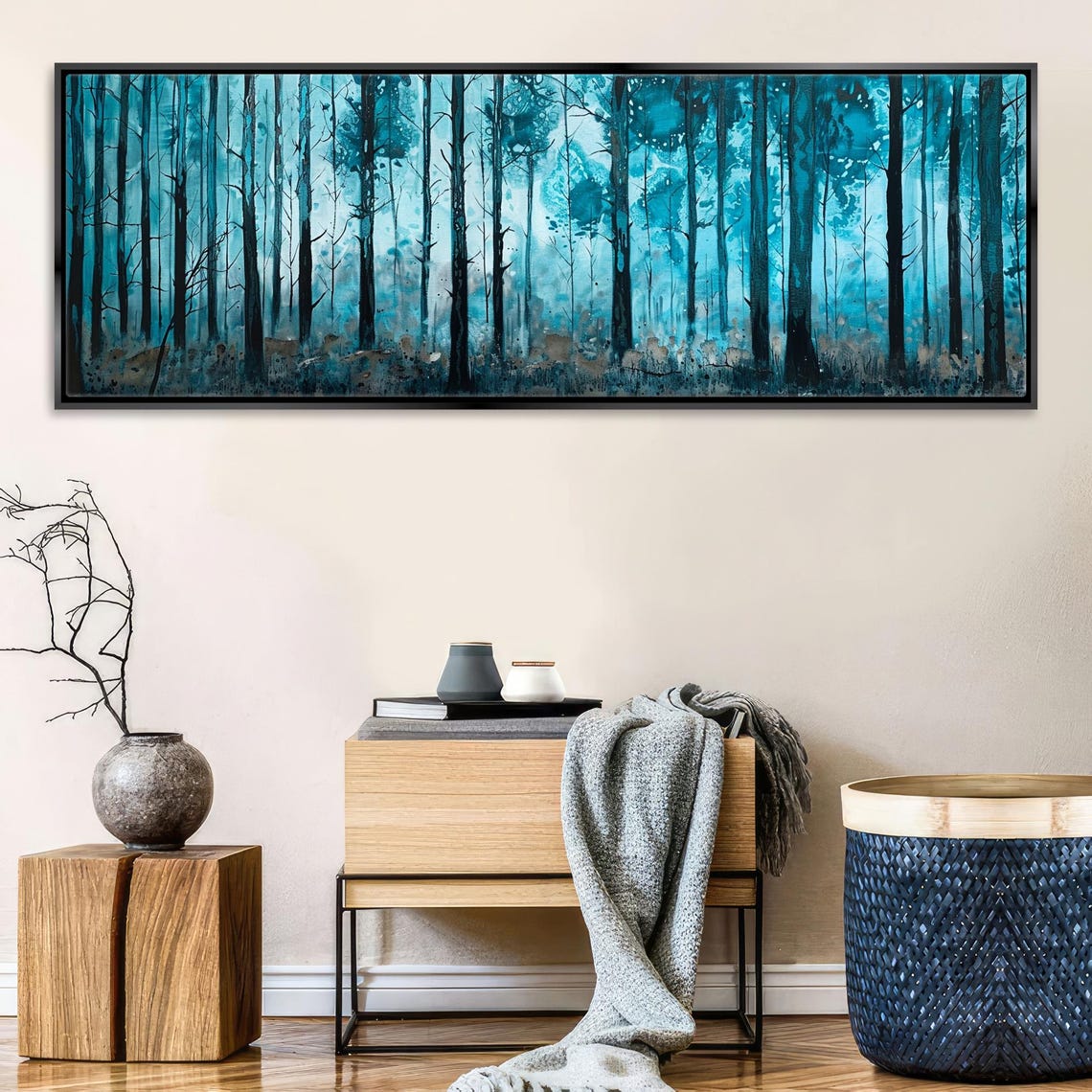 Misty Blue Watercolor Forest Tall Trees Serene Foggy Panoramic Poster - Image 5