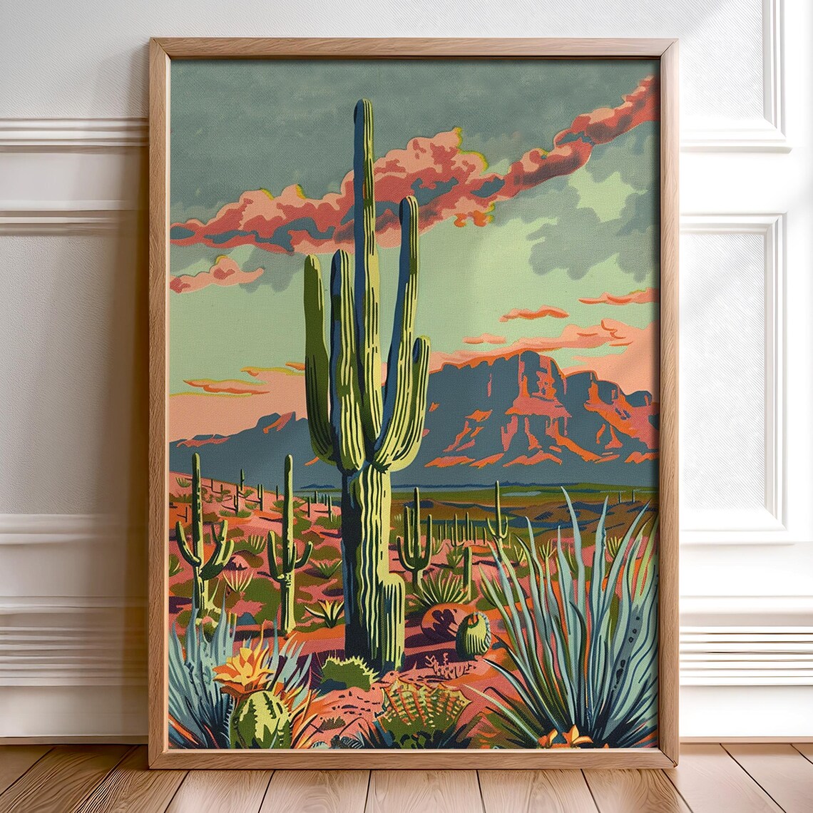 Desert Scene Art Print, Vintage Southwestern Cactus
