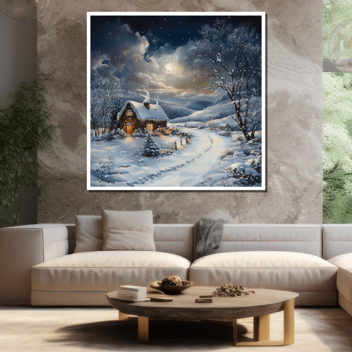 Winter Night Cabin In Snow Moonlit Landscape Cozy Holiday Art Poster - Image 3