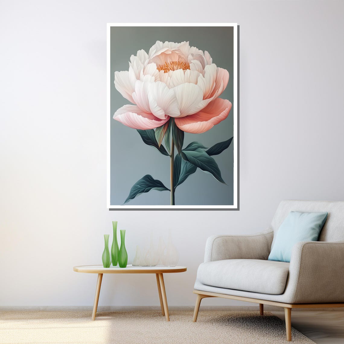 Pink Peony Single Bloom Painting Soft Blue Background Elegant Wall Art - Image 3