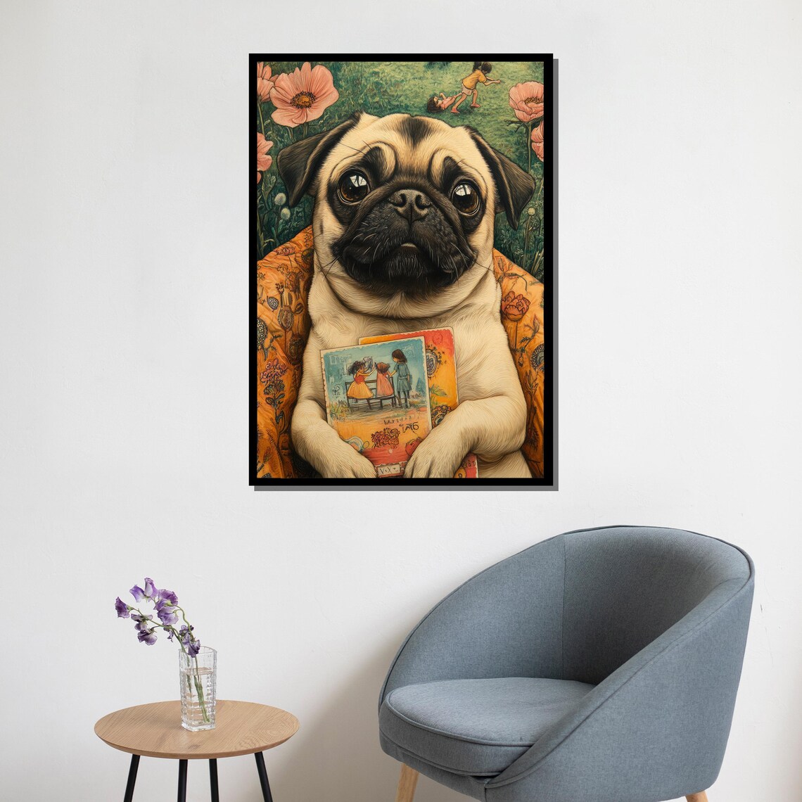 Whimsical Pug Puppy Postcard Storybook Floral Dog Art Poster - Image 5