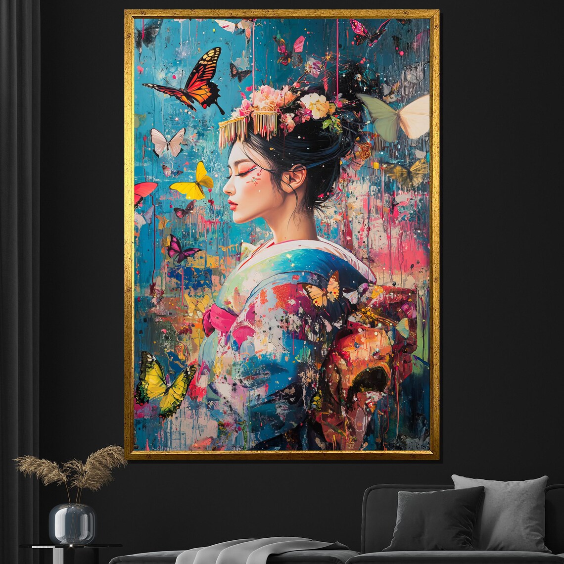 Japanese Geisha With Butterflies Colorful Textured Portrait Poster