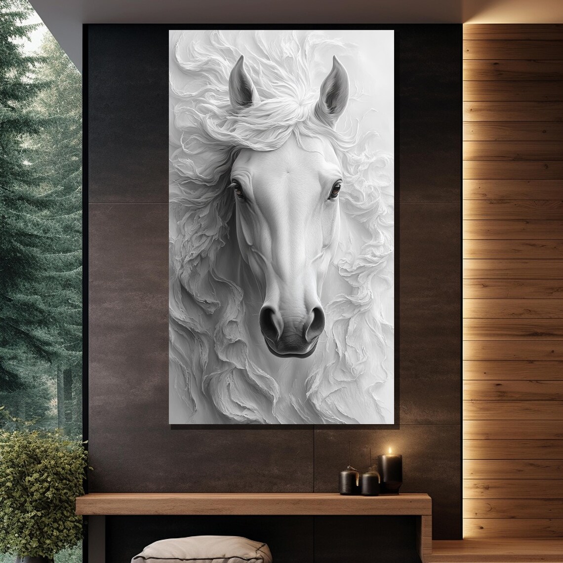 White Horse Elegant Monochrome Flowing Mane Equine Portrait Wall Art - Image 2