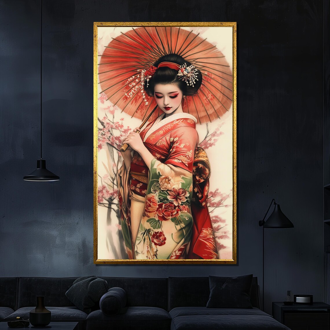 Traditional Geisha Red Kimono Parasol Cherry Blossom Japanese Wall Art