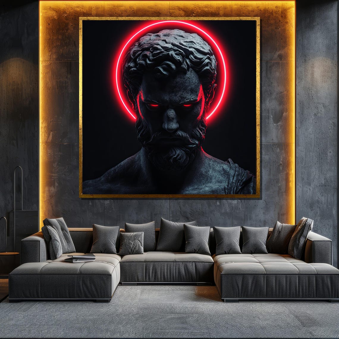Dark Greek God Bust With Red Neon Halo Sculpture Art Wall Poster