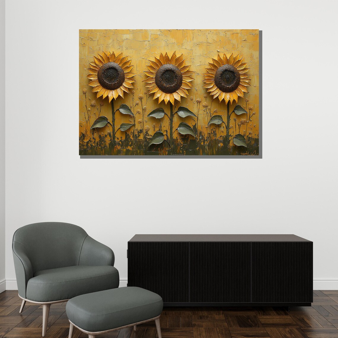 Golden Sunflowers Trio Textured Gold Impasto Painting Rustic Wall Art - Image 2