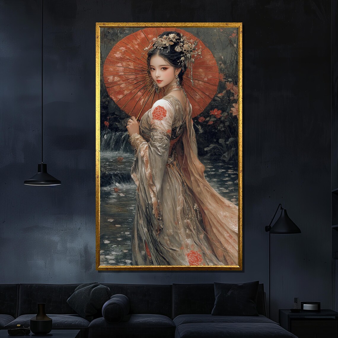 Elegant Chinese Woman With Red Parasol Riverside Garden Art Print