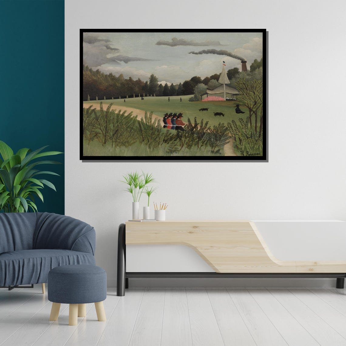 Henri Rousseau The Factory Naive Landscape Crowd Balloon Field Poster - Image 5