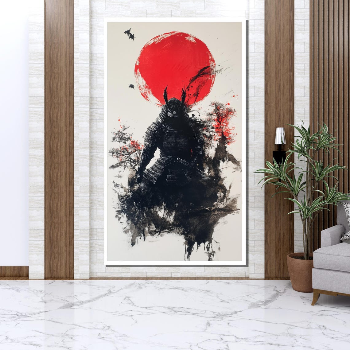Samurai Warrior Armor Red Sun Japanese Ink Wash Painting Wall Art - Image 3