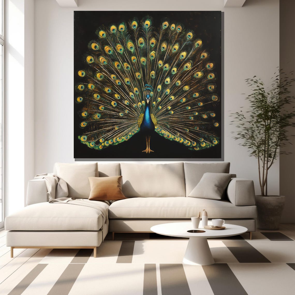Peacock Fanned Tail Black Background Elegant Bird Art Poster - Image 2